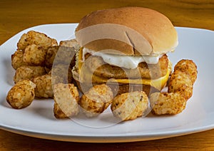 Fish sandwich  top with tarter  sauce and a side of tater tots