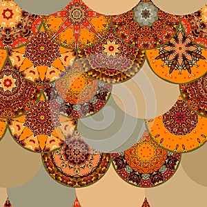 Fish-scales bright seamless pattern with different rosettes in ethnic style.