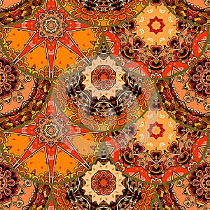 Fish-scales fiery seamless pattern with different mandalas in ethnic style photo