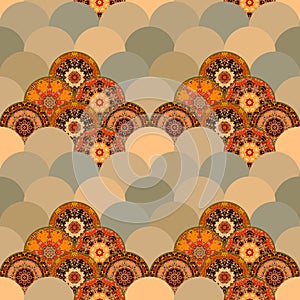 Fish-scales magic seamless pattern with different mandalas in ethnic style. photo