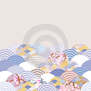 Fish scales simple Nature background with japanese sakura flower, rosy pink Cherry, wave circle pattern red Lilac light blue pink