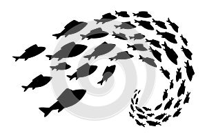 Fish school or shoal, vector silhouette. Shoal of fishes isolated on white. Sea fishes group in ocean or marine water