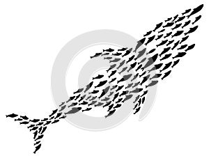 Fish school or shoal, vector silhouette. Shoal of fishes isolated on white. Sea fishes group in ocean or marine water