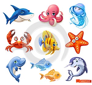 Fish and sea animals. Shark, octopus, jellyfish, crab, starfish, dolphin, narwhal. Cartoon character 3d vector icon set