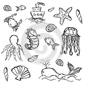 Fish and sea life hand drawn doodle icons set