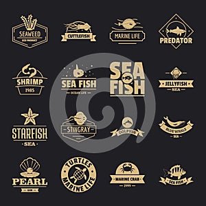 Fish sea logo icons set, simple style