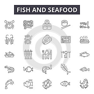 Fish and seafood line icons, signs set, vector. Fish and seafood outline concept, illustration: seafood,food,fish