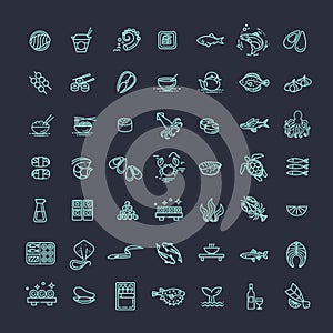 Fish and seafood - outline icon collection, vector for restaurant menu