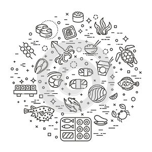 Fish and seafood - outline icon collection, vector for restaurant menu