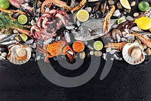 Fish and seafood variety, a flat lay top shot, with copy space on a dark background. Sea bream. shrimps, crab, sardines