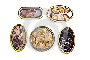 fish and seafood on white background