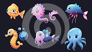 Fish, seahorse, jellyfish, octopus and other cute underwater creatures isolated on black background. Modern of aquarium