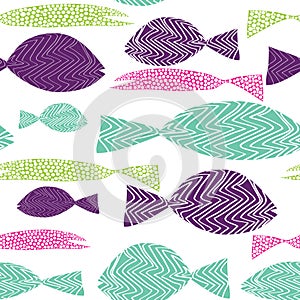 Fish seamless pattern. Colordul fish with stripes ans dots. Vector illustration on white background photo