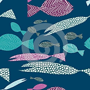 Fish seamless pattern. Colorful fish with stripes ans dots. Vector illustration on dark blue background