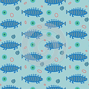Fish seamless pattern. Cute fishes on turquoise background.