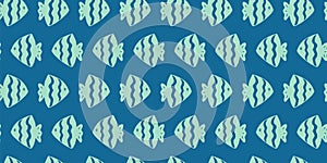 Fish seamless pattern. Doodle hand drawn editable sea illustration. Blue and green marine cartoon endless background