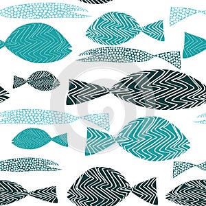 Fish seamless pattern. Various turquoise fish with stripes ans dots. Vector illustration on white background