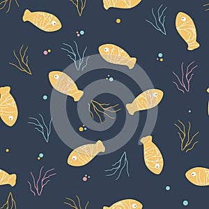 Fish seamless vector pattern. Yellow cartoon fishes pattern. Marine life vector illustration