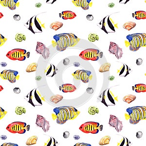 Fish and seashell. Repeating seamless pattern. Watercolor