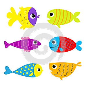 Fish set icon. Cute kawaii cartoon funny baby character. Marine life. Colorful aquarium sea ocean animals. Kids collection.