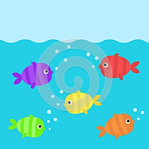 Fish set swim under water. Cute kawaii cartoon funny baby character. Marine life. Bubbles. Colorful aquarium sea ocean animals.