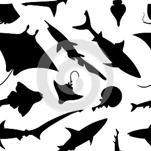 Fish shark seamless pattern. Vector black image background.