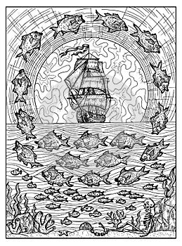Fish and ship. Black and white mystic concept for Lenormand oracle tarot card