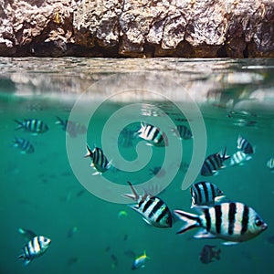 Fish shoal in the tropical ocean and rocks splitted by waterline