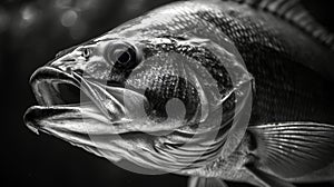 A fish is shown in black and white with its mouth open