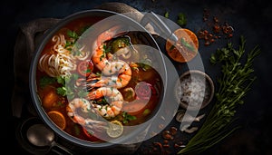 fish and shrimp moqueca, made with clay pot, seafood, brazilian food, baiana food, capixaba food, generative ai