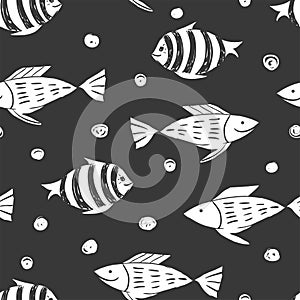 Fish simple sketh drawn by hand seamless pattern in cartoon style. For wallpapers, web background, textile, wrapping photo