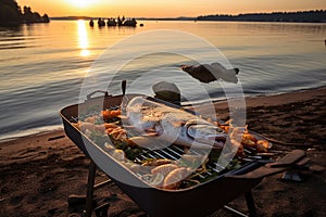 fish sizzling on a portable grill, boat anchored near shore