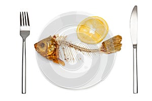 Fish skeleton with squeezed lemon photo