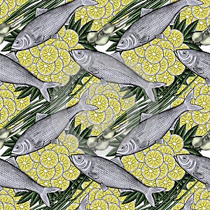 Fish with sliced lemon.Poster for Italian restaurant.