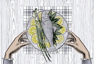 Fish with sliced lemon. The theme for the menu.