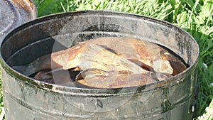 Fish Smoking Process For Home Use. Hot Smoked fhish. Close Up Smoking Process Fish In Smoking Shed For Home Use on the photo