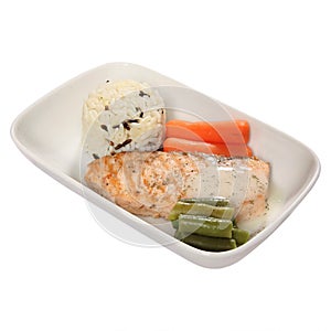 Fish snack for air passengers of the first class cabin on a white background