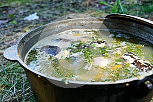 Fish soup boils in cauldron at the stake on the nature. Soup in a pot in the fire.