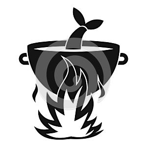 Fish soup on a fire icon, simple style