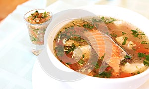 Fish soup with a piece of salmon and greens