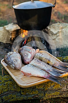 Fish soup prepared over an open fire.