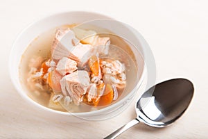 Fish soup with salmon and orge perlÃÂ© photo