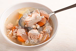 Fish soup with salmon and orge perlÃÂ© in spoon photo