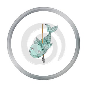 Fish on the spear icon in cartoon style isolated on white background.