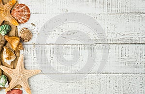 Fish star and sea shells on the wooden background