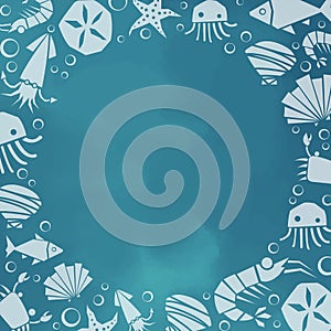 Fish, starfish, sand dollar, squid, jellyfish, crab, shrimp and sea shell frame vector.