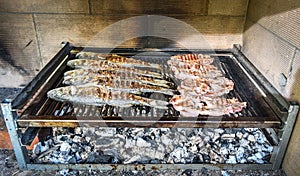 Fish and steak on the charcoal grill together