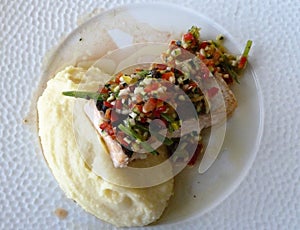 Fish Steak with mashed potato and vegetables