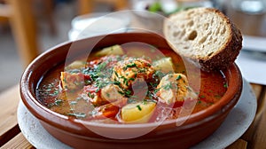 Fish stew with vegetables and bread in a rustic bowl.