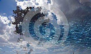 Fish swim into hole in sky